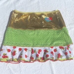 Mar Acuda Gold/Green Skirt Strawberry Print gold lame-green stretch lace NWOT